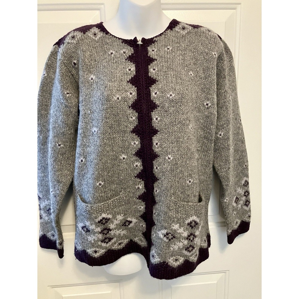 Vintage Mac & Jac Gray Purple Cardigan Sweater Wool Zipper Size S Small Women's